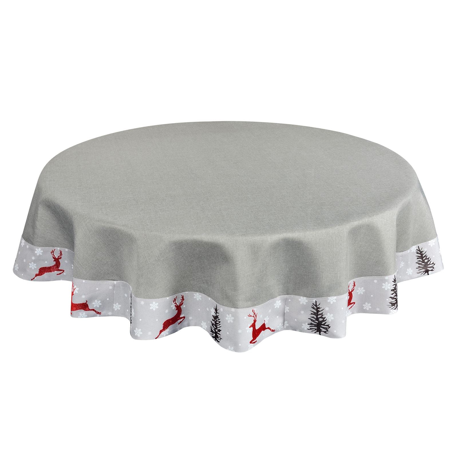 Mr Crimbo Reindeer Embroidered Grey Tablecloth/Napkin - MrCrimbo.co.uk -XS4796 - 70" Round -christmas table